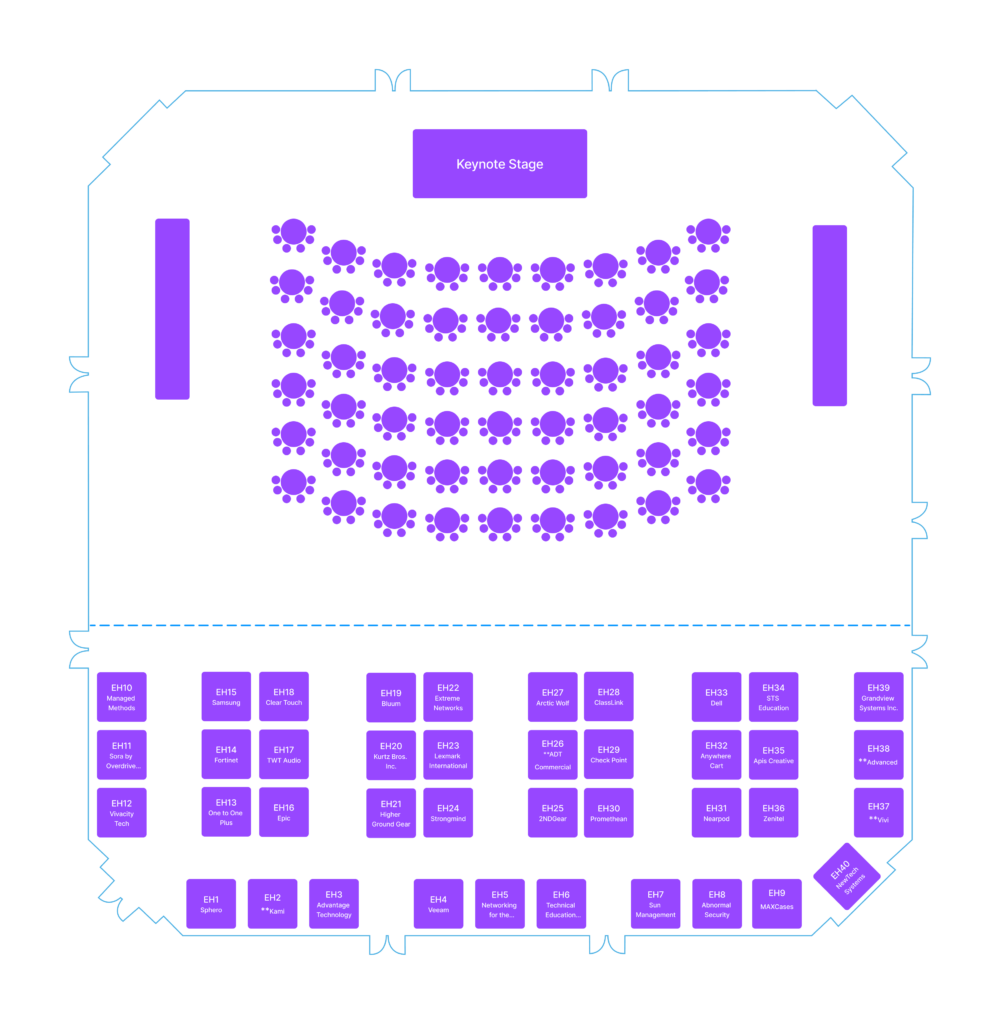 Floor plan graphic of the exhibit hall and keynote speaker area.